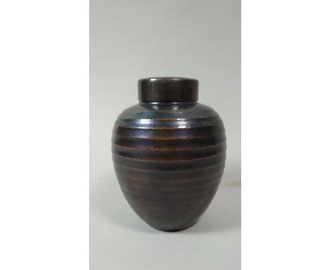 A Vintage Hand Beaten and Bronzed Oriental Metal Tea Caddy with Seal Mark to Base of Ribbed Vase Form and Complete with Inner