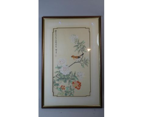 A Large Framed Oriental Print of Bird in Tree, 63cm High 