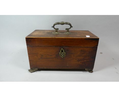 A 19th Century Two Division Rosewood Tea Caddy with Ormolu Claw Feet, Carrying Handle and Escutcheon, Hinged Lid to Interior 