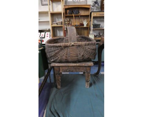 A Vintage Wicker Flower Trug and a Country Pine Stool 