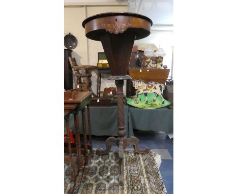 A Victorian Ladies Trumpet Work Table for Full Restoration the Circular Hinged Lid with Chequerboard Decoration, Fitted Inter