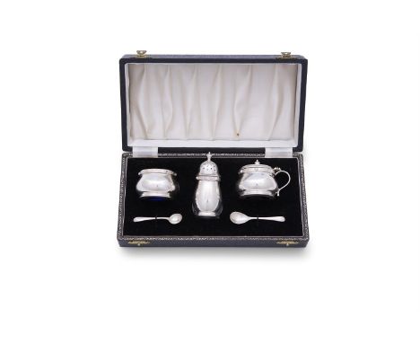 A CASED SILVER CONDIMENT SET IN THE CELTIC REVIVAL PATTERN, Birmingham 1954, mark of Addie Brothers Ltd, comprising baluster 