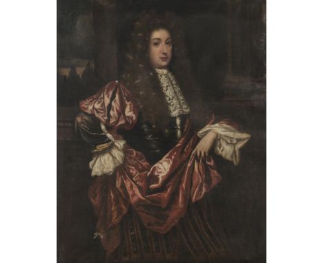 ENGLISH SCHOOL (LATE 17TH CENTURY)Portrait of a Man with full wig, lace cravat and red robe, standing three-quarter length, b