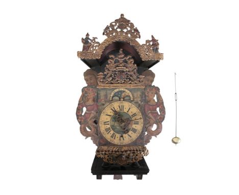 A DUTCH 19TH CENTURY PAINTED METAL AND TIMBER WEIGHT DRIVEN WALL CLOCK, the arched pediment decorated with chinoiserie figure