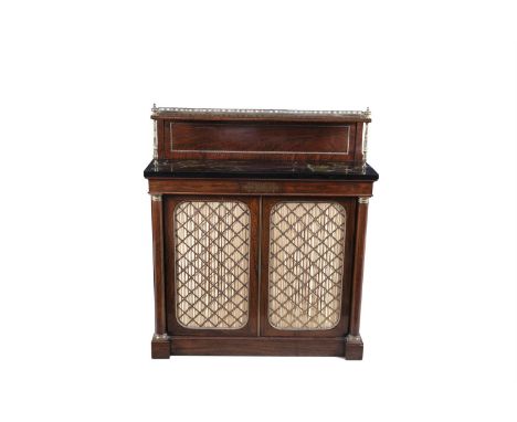 A REGENCY ROSEWOOD AND BRASS MOUNTED CHIFFONIER, with raised open superstructure with brass gallery rail and columns above a 