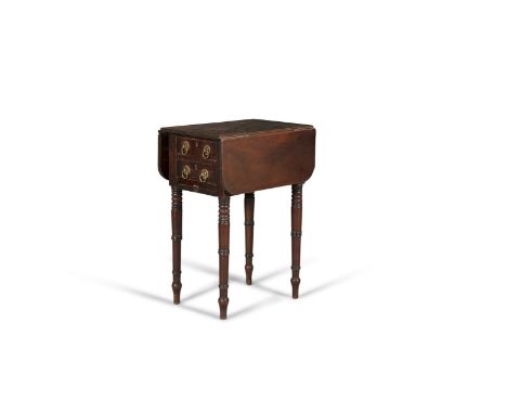 A 19TH CENTURY COMPACT PEMBROKE TABLE, of shaped rectangular form, with double drop leaves, one side with two drawers and the