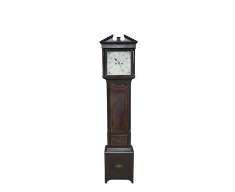 AN EARLY 19TH CENTURY INLAID MAHOGANY LONGCASE CLOCK, with broken swan neck pediment above a pair of turned and reeded pillar