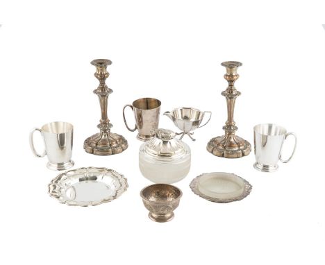 A LOT OF SILVER PLATED WARE, including three small tankards; a glass butter dish with stand and cover, having seated cow fini