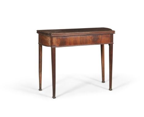 A 19TH CENTURY MAHOGANY FOLD-OVER TEA TABLE, of shaped rectangular form with moulded rim, having gate leg mechanism, raised o