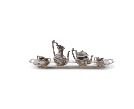 A MINIATURE SILVER FIVE PIECE DEMI-FLUTED TEA AND COFFEE SERVICE FOR A DOLL'S HOUSE, Birmingham 1951 and 52, mark of John Ros