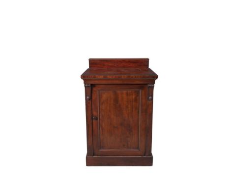 A PAIR OF VICTORIAN MAHOGANY DINING ROOM SIDEBOARD PEDESTALS of rectangular form, each with plain moulded tops, and short gal