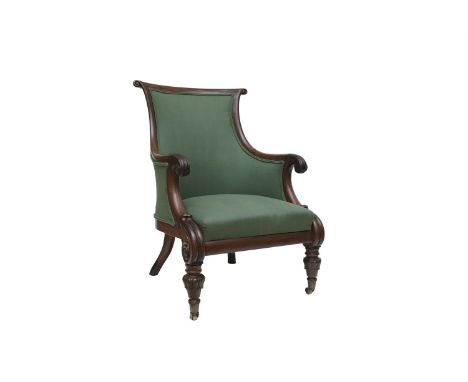 A WILLIAM IV MAHOGANY FRAMED GENTLEMAN'S ARMCHAIR, with curved panel back, upholstered in green fabric, with down-swept leaf 