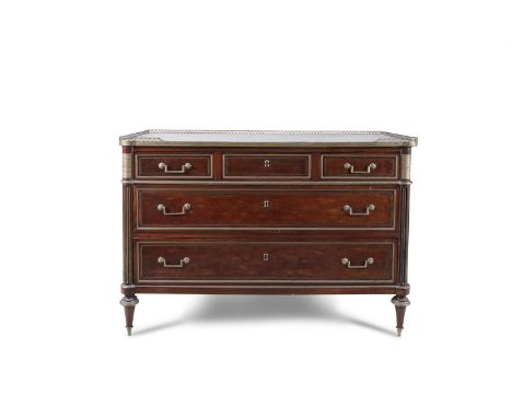 A 19TH CENTURY MAHOGANY COMMODE, of shaped rectangular form, the white marble top with brass pierced gallery, the outset flut