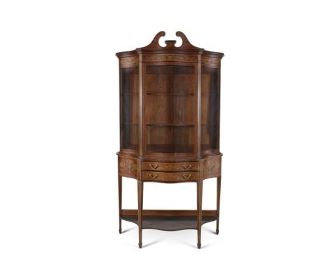 AN EDWARDIAN FIDDLE BACK MAHOGANY AND MARQUETRY INLAID CABINET ON STAND, c.1900, the upper section of bowfront outline, surmo