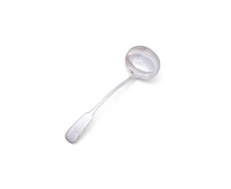A LARGE GEORGE IV IRISH SILVER DOUBLE THREADED FIDDLE PATTERN SOUP LADLE, Dublin 1825, mark of M West & Sons, the terminal cr