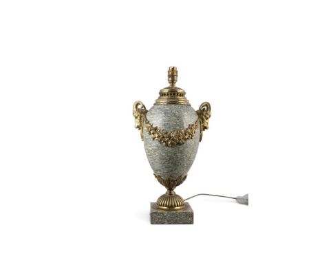 A FRENCH MARBLE AND GILT METAL TABLE LAMP, early 20th century, of ovoid form, cast with ram's mask side handles and joined by