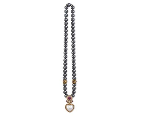 A 9K GOLD, HEMATITE, BLISTER PEARL AND RUBY-SET SUITE, comprising pendant necklace and earrings, the necklace composed of a s