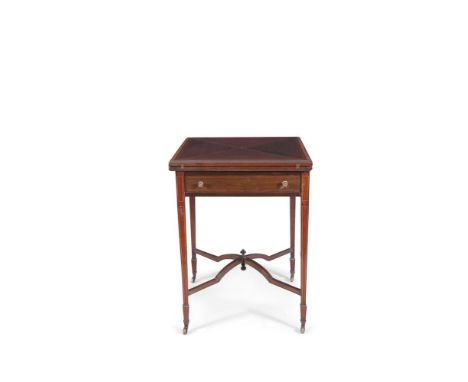 AN EDWARDIAN INLAID MAHOGANY SQUARE ENVELOPE CARD TABLE, with fitted interior and sunken counter wells, on square tapering le