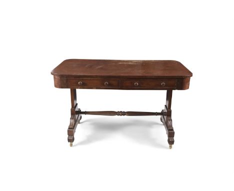 A VICTORIAN MAHOGANY SOFA TABLE, the plain top above twin frieze drawers on solid end supports with splayed scrolling feet in