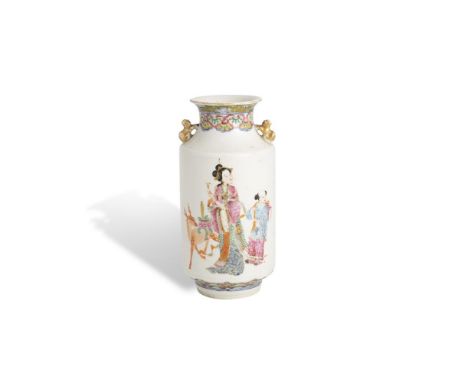 A CHINESE 19TH CENTURY PORCELAIN VASE, of cylindrical form, painted and enamelled with figures, scholars and deer, against a 