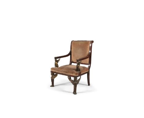 A REGENCY MAHOGANY FRAMED ARMCHAIR, with upholstered shallow scrolled rectangular panel back and seat covered in plush materi