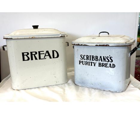 2 Vintage enamel bread bins, one reads Scribban's purity bread, largest one measures Height 13 inches, Width 13 inches 