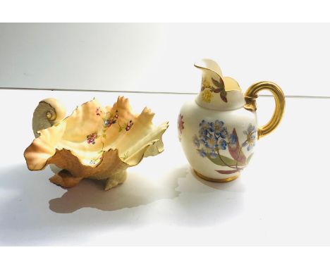 2 royal worcester china items shell and jug shell measures approx 18cm by 20cm  the jug height 17cm both in good condition 