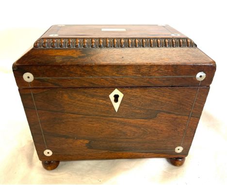 Antique wooden small tea caddy, approximate measurements: Height 6.5 inches, Depth 5 inches, Width 7.5 inches 