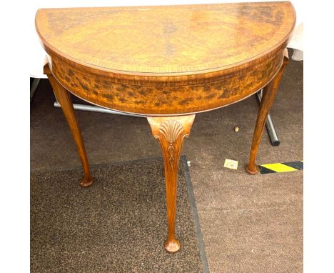 Queen Anne Bur Walnut half moon card table measures approx 29" tall 30" wide 15" depth (30" when opened up) 