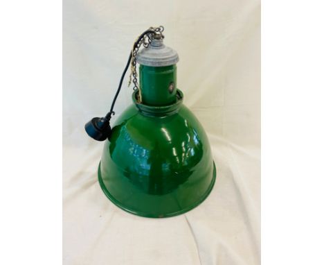 Large green enamel industrial light, Height 21 inches, diameter 18 inches 