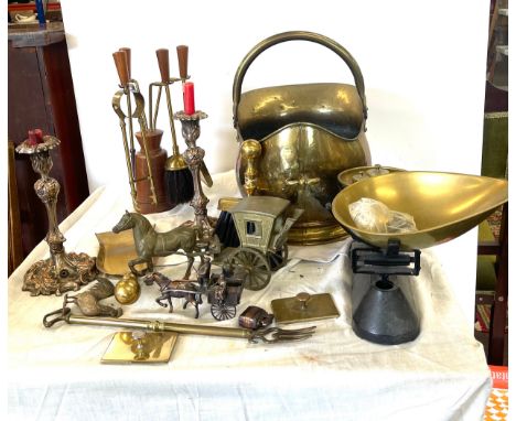 Selection brassware to include weights and scales, coal bucket, companion set etc 