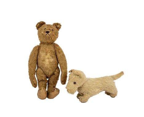 STEIFF 2 Plüschtiere, 1948-53, Teddybär, hellbrauner Kunstseidenplüsch, Knopf mit der Aufschrift 'Steiff' in Schreibschrift, 