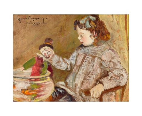 BELOT, GABRIEL (1882-1962), "Spielendes Kind", 1910, Mädchen an einem Tisch sitzend und eine Puppe aus dem Goldfischglas zieh