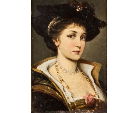 FRANZÖSISCHER MALER DES XIX JAHRHUNDERTS "Porträt einer junger Frau" Öl auf Holz, sig. "A. HELONE", HxB: 15/10,5 cm. Rahmen, 
