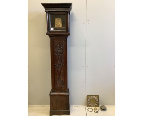 An 18th century carved oak thirty hour longcase clock, movement dis-assembled, height 204cm