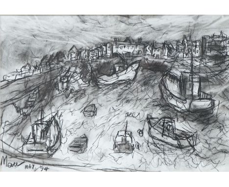 Leslie Marr (1920-2021), ‘Quiberon harbour, 1994’, signed and dated, details vero, conte crayon on paper, 35 x 50cm
