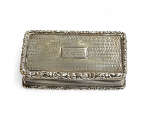 A William IV engine turned silver rectangular snuff box, by William Pugh, Birmingham, 1831?, 72mm.