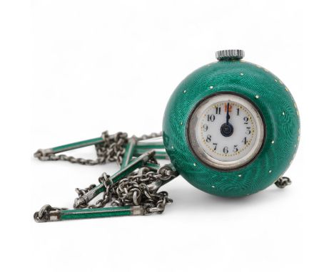 An early to mid 20th century 925 and green enamel globe pendant watch, with Arabic dial and gilt highlights, diameter 22mm, o