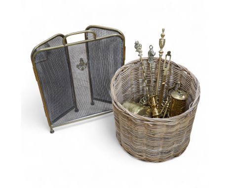 A fire brass guard, pair of candlesticks, kettle, miner's lamp etc, fire guard 54cm high.
