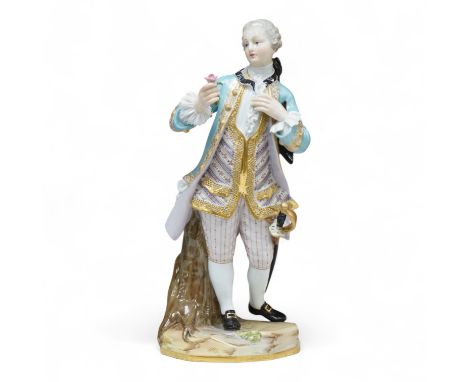 A Meissen figure of a gentleman holding a rose, 19th century, incised model number A58, 19cm high