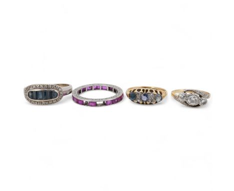 A yellow metal and illusion set three stone diamond crossover ring, size I, an 18ct, sapphire and diamond chip set ring, a mo