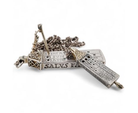 Two modern parcel gilt silver replicas of the Canterbury Pocket Sundial, the larger inset with small emeralds?, maker GF, Lon