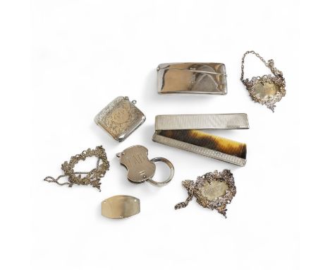 A small group of collectable silver including an Edwardian card case, a set of three modern silver wine labels with applied f