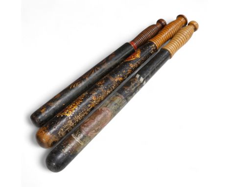 A Victorian Scottish Special Constable’s turned and painted wood truncheon, and two other Victorian Police truncheons, larges
