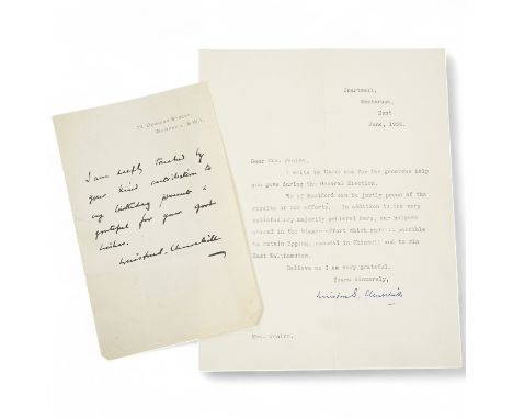 A type-written and personally-signed letter by Winston Churchill, from Chartwell, dated June 1955, to Mrs. Weaire thanking he