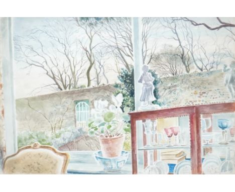 20th century School, View of a windowsill before a country garden, indistinctly signed lower right, watercolour, 37 x 56cm