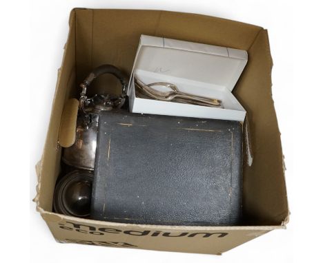 A group of assorted plated wares including an Old Sheffield plated tankard, tea kettle, teapot, flatware etc.
