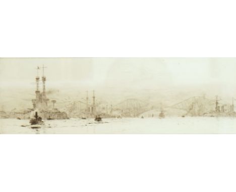 William Lionel Wyllie (1851-1931), Forth Bridge, signed in pencil to the margin, etching, 12 x 34cm