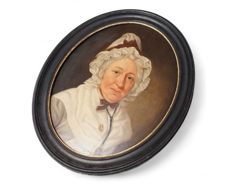 Georgian School, portrait of a lady wearing a bonnet, unsigned, oval oil on panel, 26 x 20cm, housed in an ebonised frame