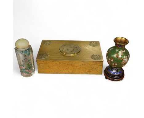 A Chinese brass and bowenite inset box, a cloisonné enamel miniature vase, and an inside painted snuff bottle, largest 15cm w